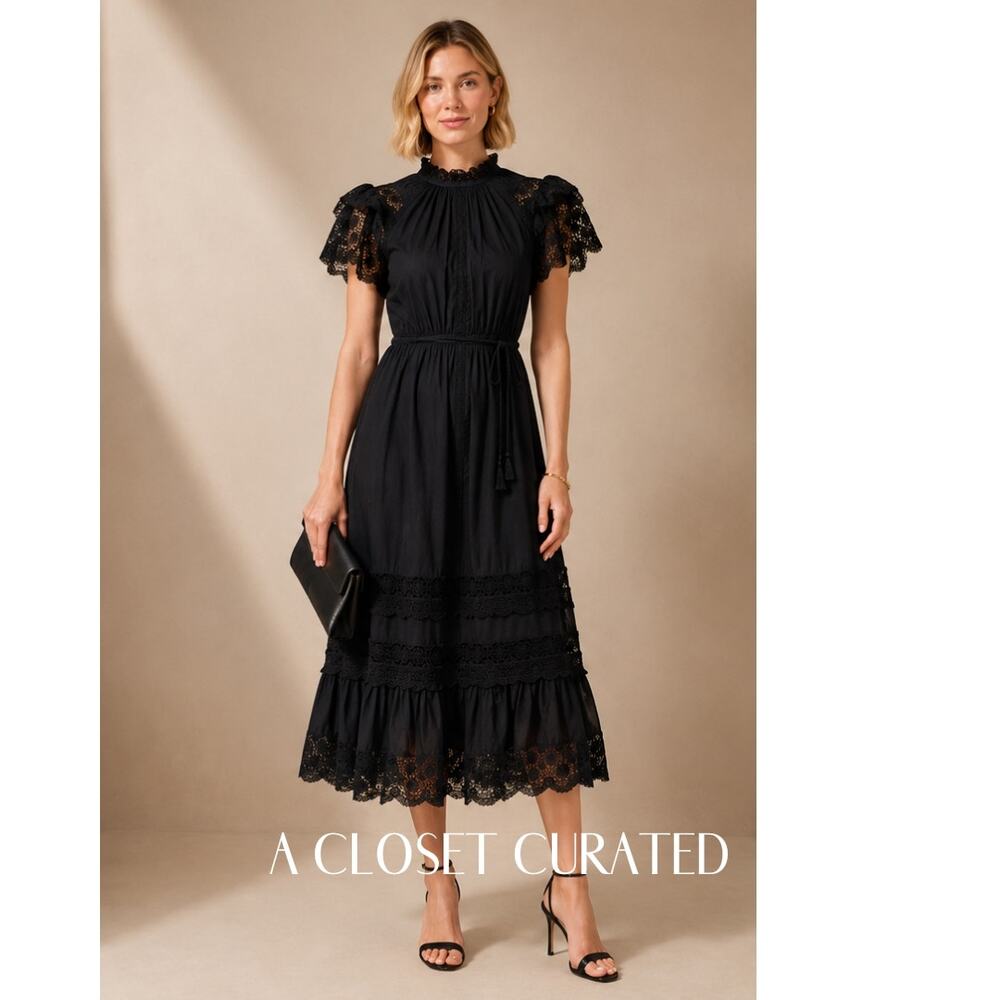 Ulla Johnson Octavia Cotton Midi Dress 2 Black NEW